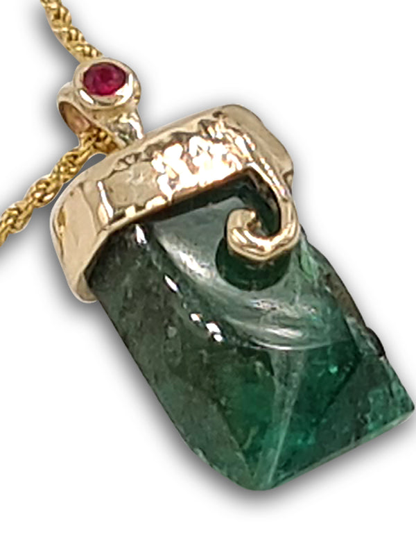 Genuine Raw Emerald 14K gold pendant with Ruby