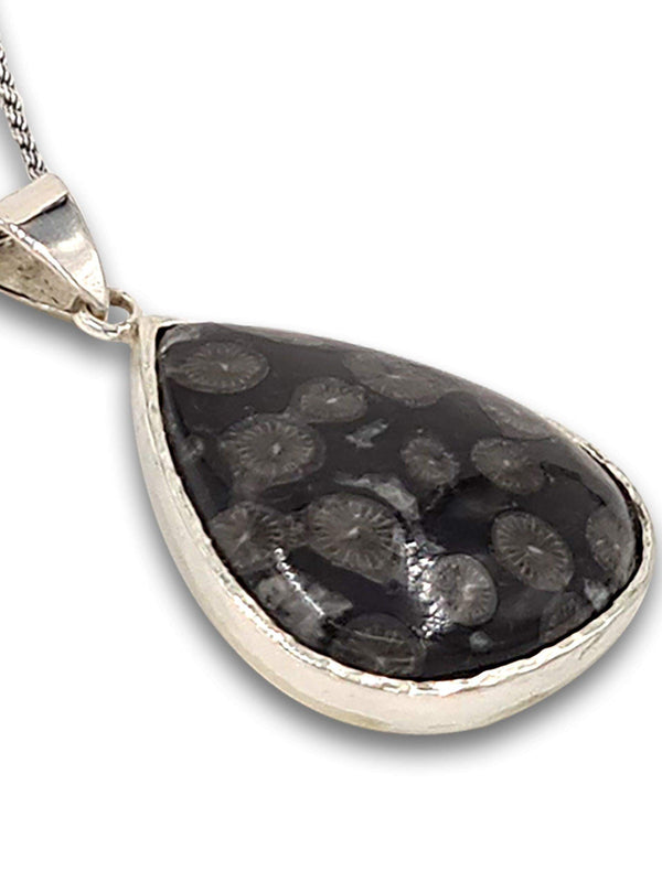 Teardrop silver Pendant - Black Fossil