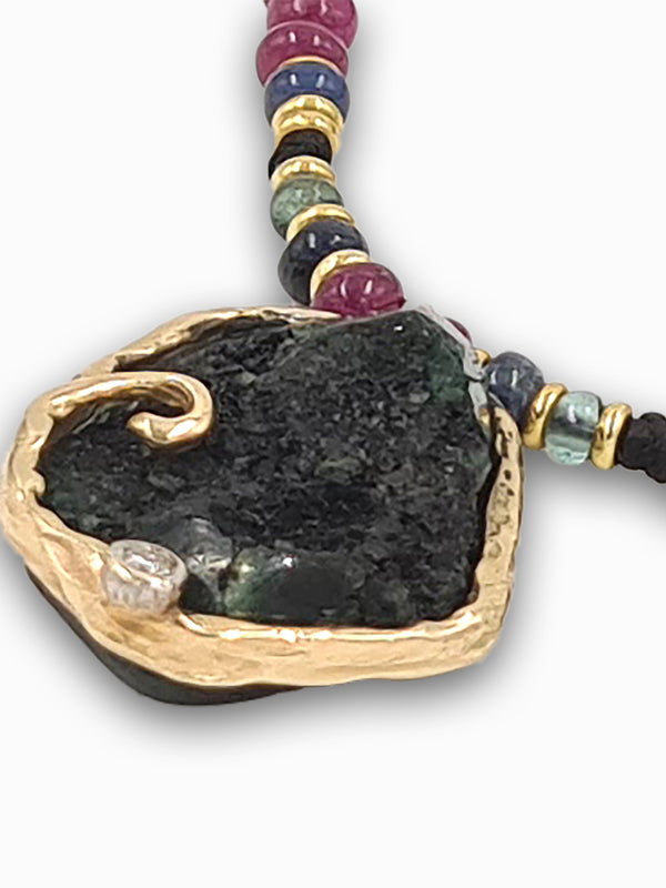Emerald raw stone Necklace with diamond