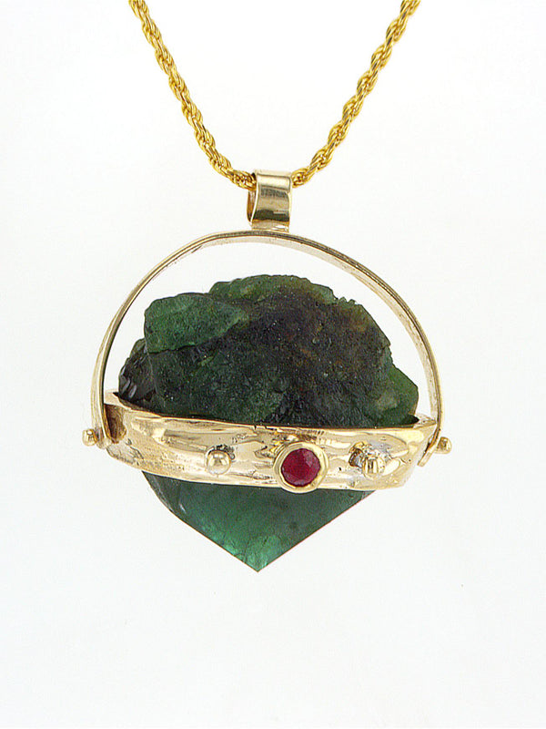 Raw Emerald 14K gold necklace set with Ruby