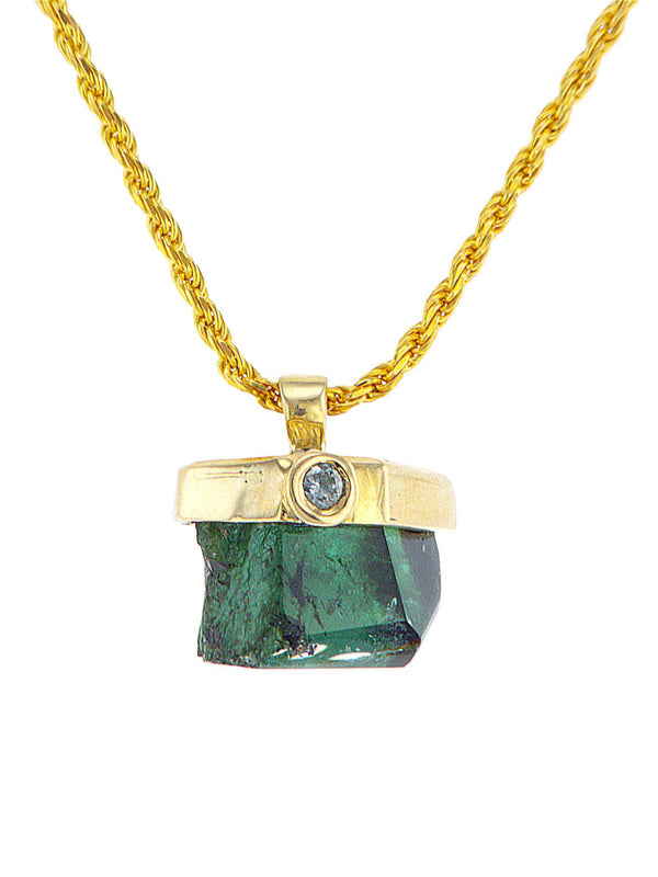 Genuine Emerald 14K gold pendant set with diamond