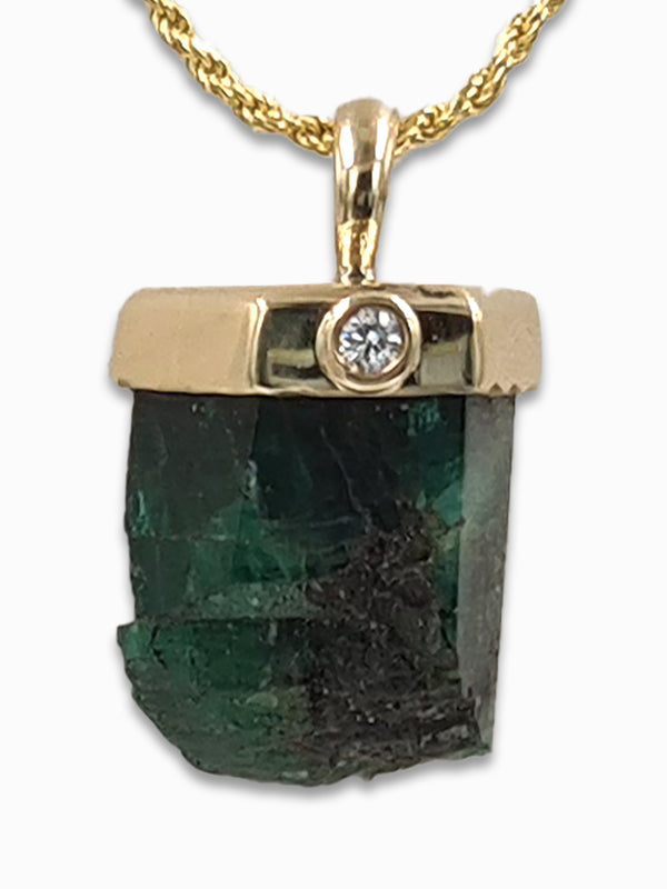 Genuine Raw Emerald 14K gold pendant with Diamond