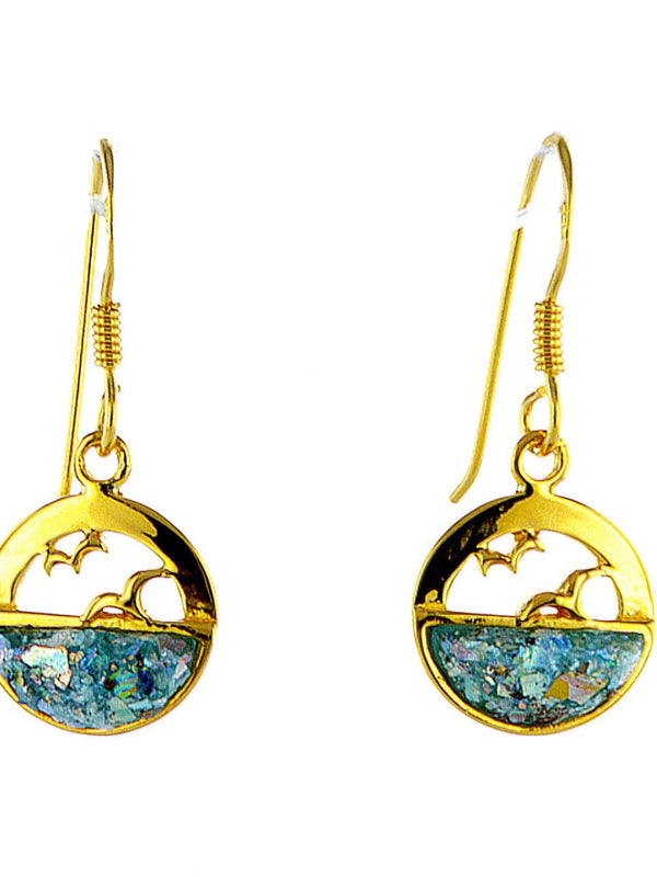 14 Karat gold plated earrings with Roman Glass