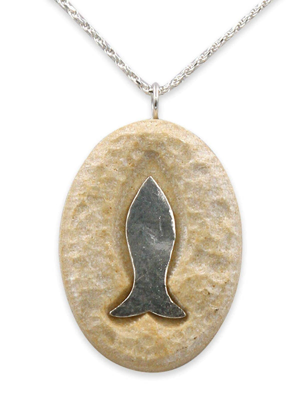 Fish silver pendant - Gold Jerusalem stone