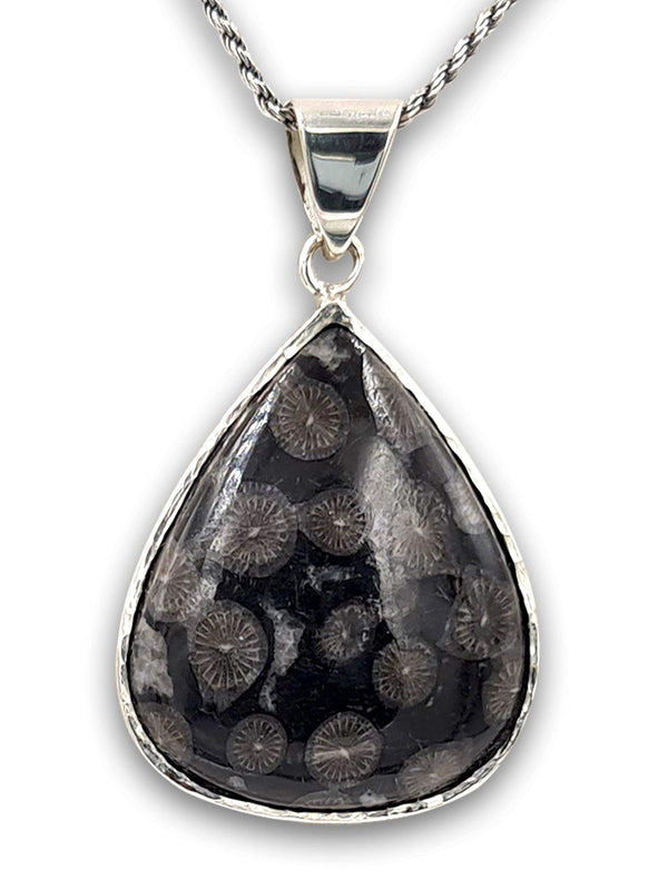 Teardrop silver Pendant - Black Fossil