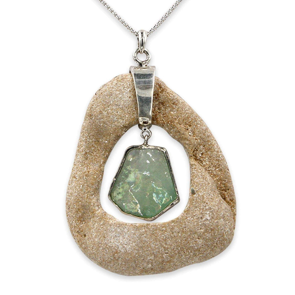 Silver Pendant with hanging Roman Glass on natural pebble