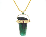 Emerald 14K gold pendant. Raw and natural set with Ruby