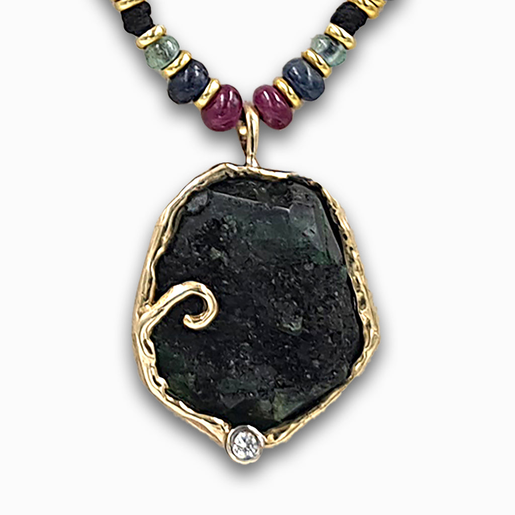 Emerald raw stone Necklace with diamond