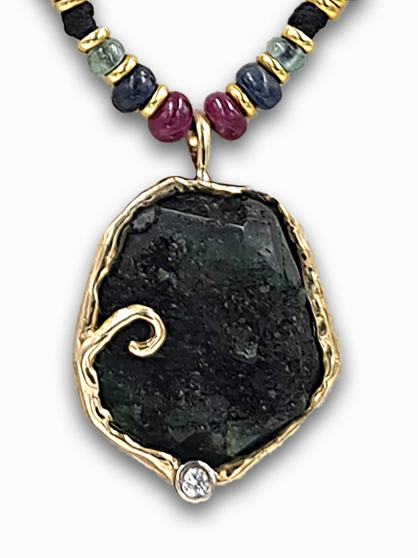 Emerald raw stone Necklace with diamond