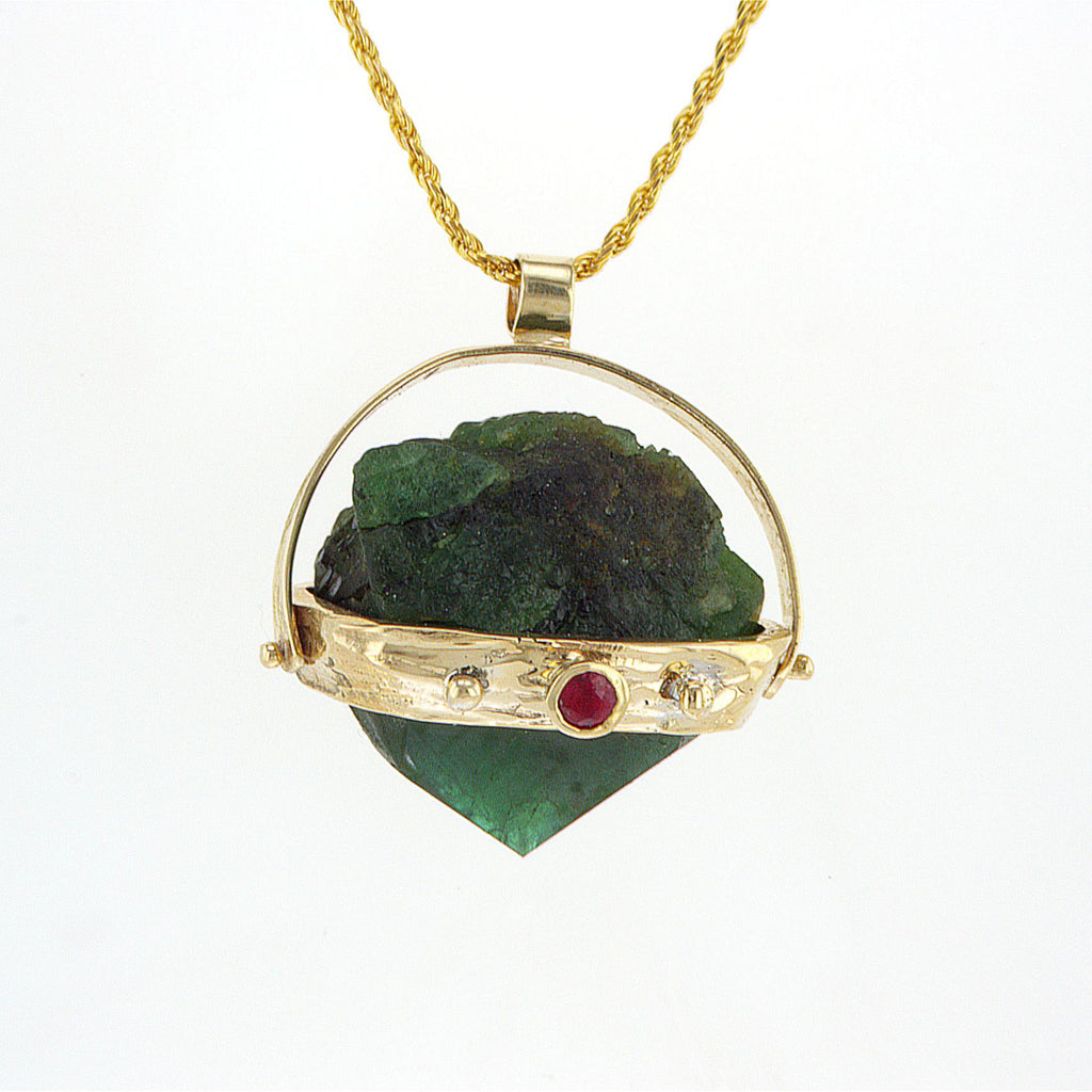 Raw Emerald 14K gold necklace set with Ruby