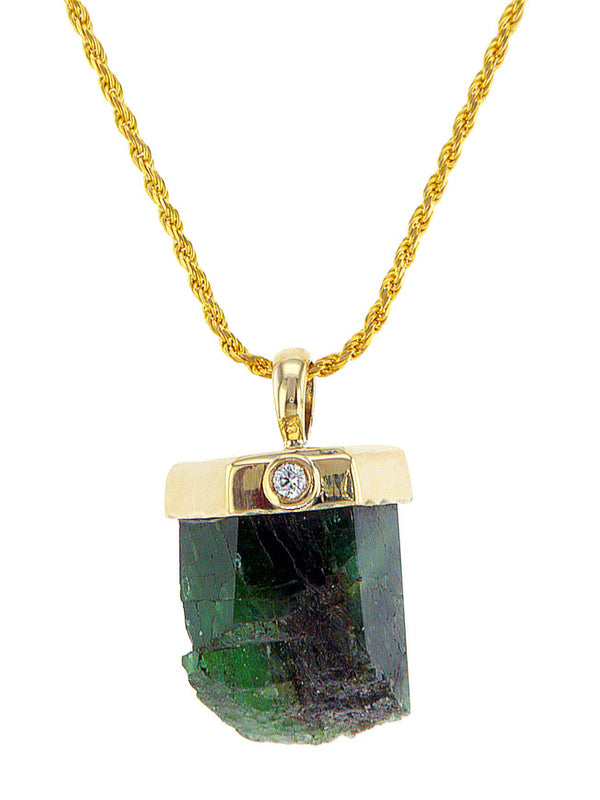 Genuine Raw Emerald 14K gold pendant with Diamond