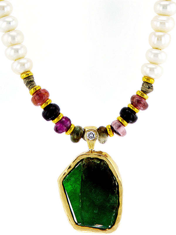 Emerald raw stone Necklace with diamond and pearls