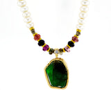 Emerald raw stone Necklace with diamond and pearls