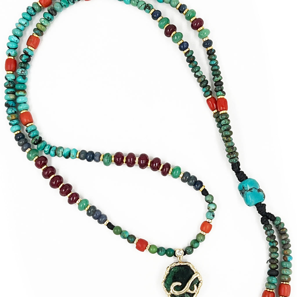 Emerald, Ruby, Coral, Turquoise necklace.