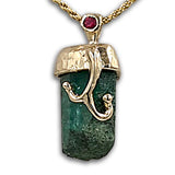 Genuine Raw Emerald 14K gold pendant with Ruby