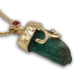 Genuine Raw Emerald 14K gold pendant with Ruby