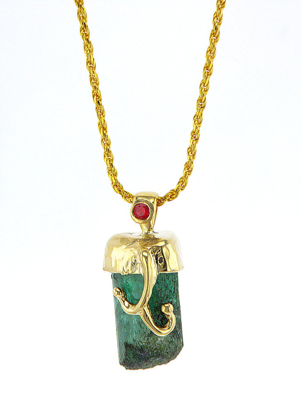 Genuine Raw Emerald 14K gold pendant with Ruby