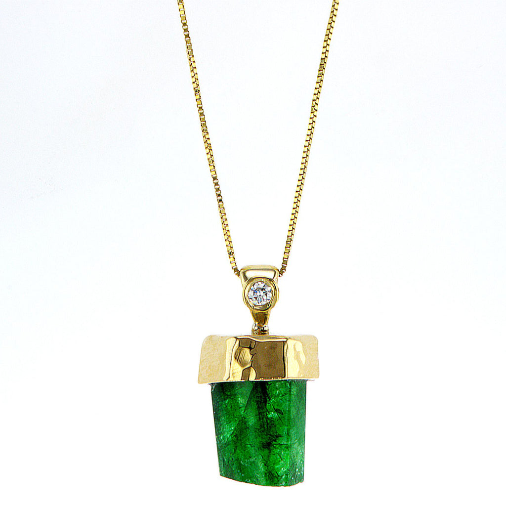 Genuine Emerald natural pencil 14K gold pendant with diamond