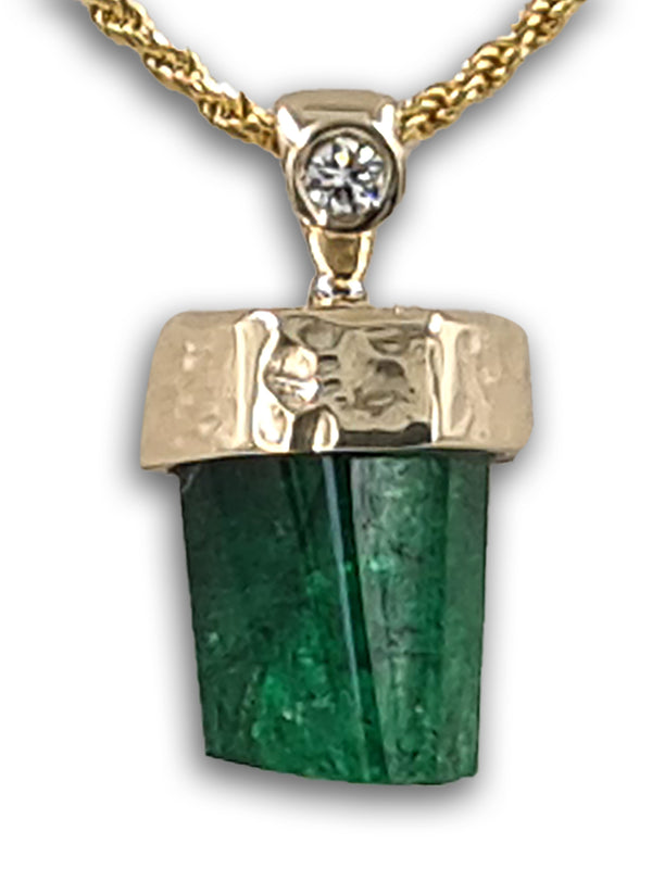 Genuine Emerald natural pencil 14K gold pendant with diamond