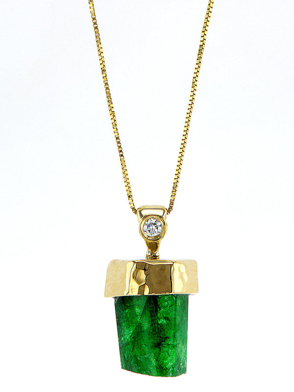 Genuine Emerald natural pencil 14K gold pendant with diamond